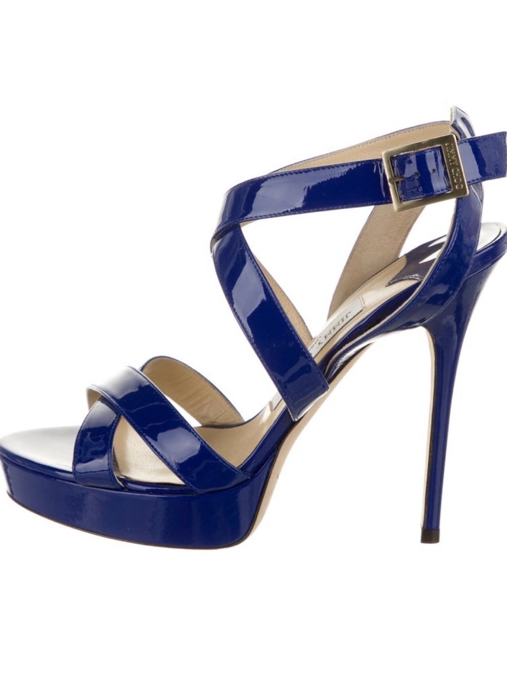 Jimmy Choo Royal Blue Patent Leather Crisscross Platform Sandal